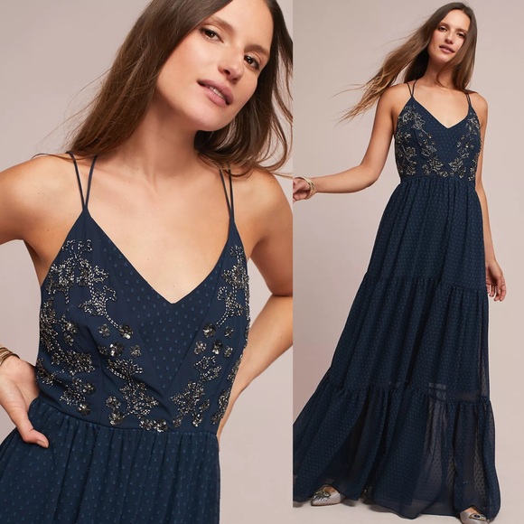 Anthropologie Dresses & Skirts - Ranna Gill Lucinda Beaded Maxi Dress Navy Size 8P